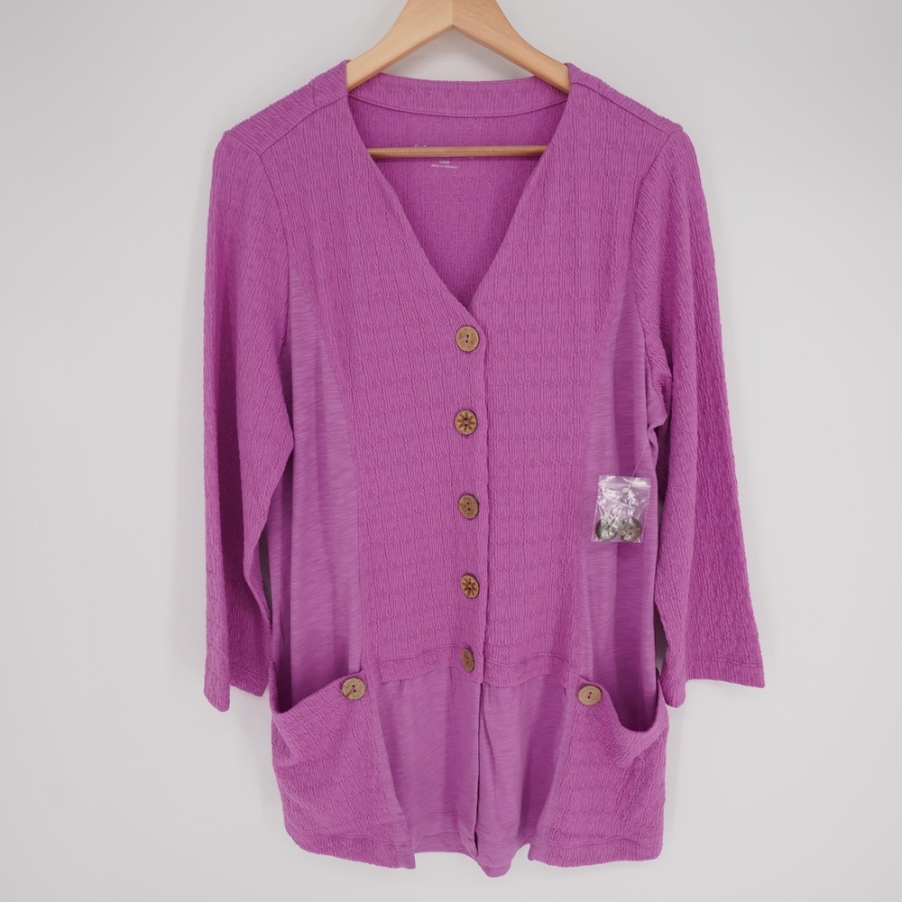 Soft Surroundings Button-Up Womens L Purple V-Neck Tunic 3/4 Sleeve Pockets
